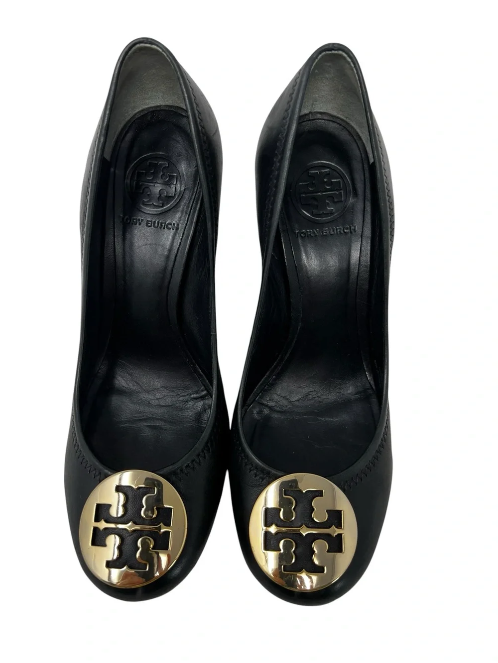 Tory Burch Black Leather Wedge Pumps with Gold Logo Disc